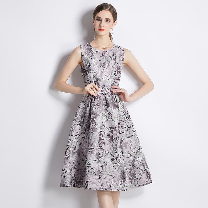 Popularan station women's clothing spring and summer new women's clothing retro sleeveless jacquard dress slim A-shaped skirt