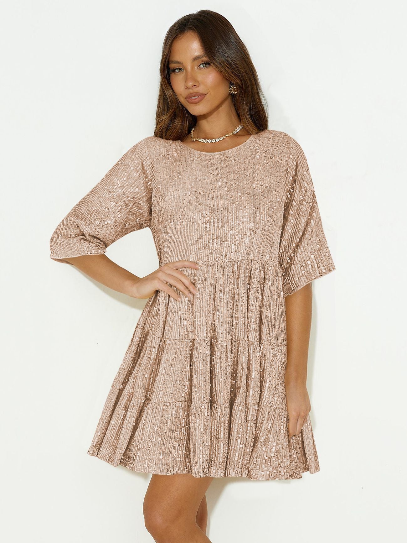 XIEYINSHE Europe and America Cross Border Foreign Trade Popular Style Fashion Pure Color Sequins Loose Waist Short Sleeve Swing Skirt Dress
