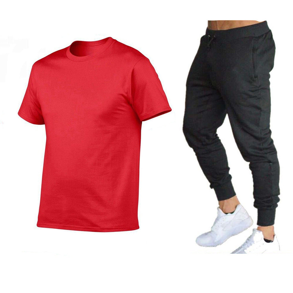 VLOVELAW Summer Men's Solid Color Simple Set Crew Neck Cotton T-Shirt + Trousers Fashion Hundred. Match Two-piece Set