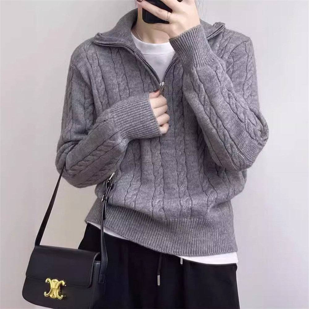VLOVELAW Korean version New autumn and winter soft waxy knitted top women's retro twist half zipper lazy versatile short sweater jacket