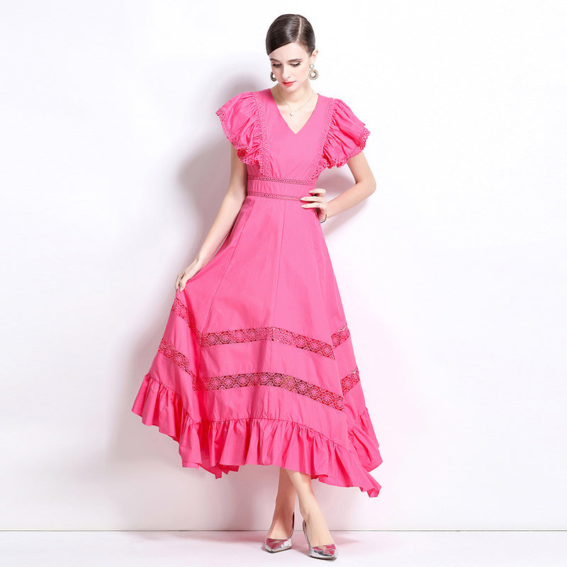Crew neck lantern sleeve pleated waist princess style printing dress skirt mesh splicing dress spring new