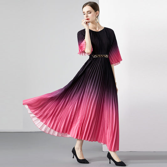 Folded dress  summer long dress round neck medium sleeve gradual change lace-up design dress skirt