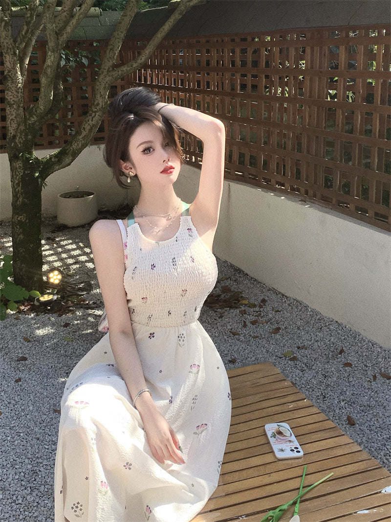 2025 retro floral suspender dress women's summer high-end vacation sleeveless backless long dress waist and thin skirt