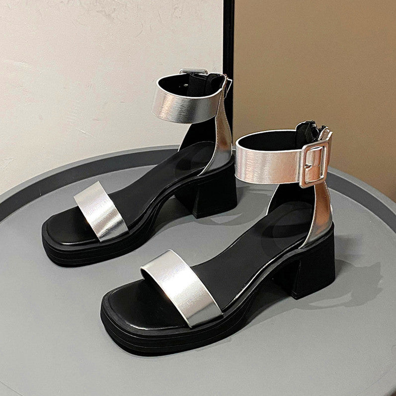 VLOVELAW High Heel Sandals for Women Summer New British Style Peep Toe Strap Bag Heel Chunky Heel Back Zipper Sandals Wholesale