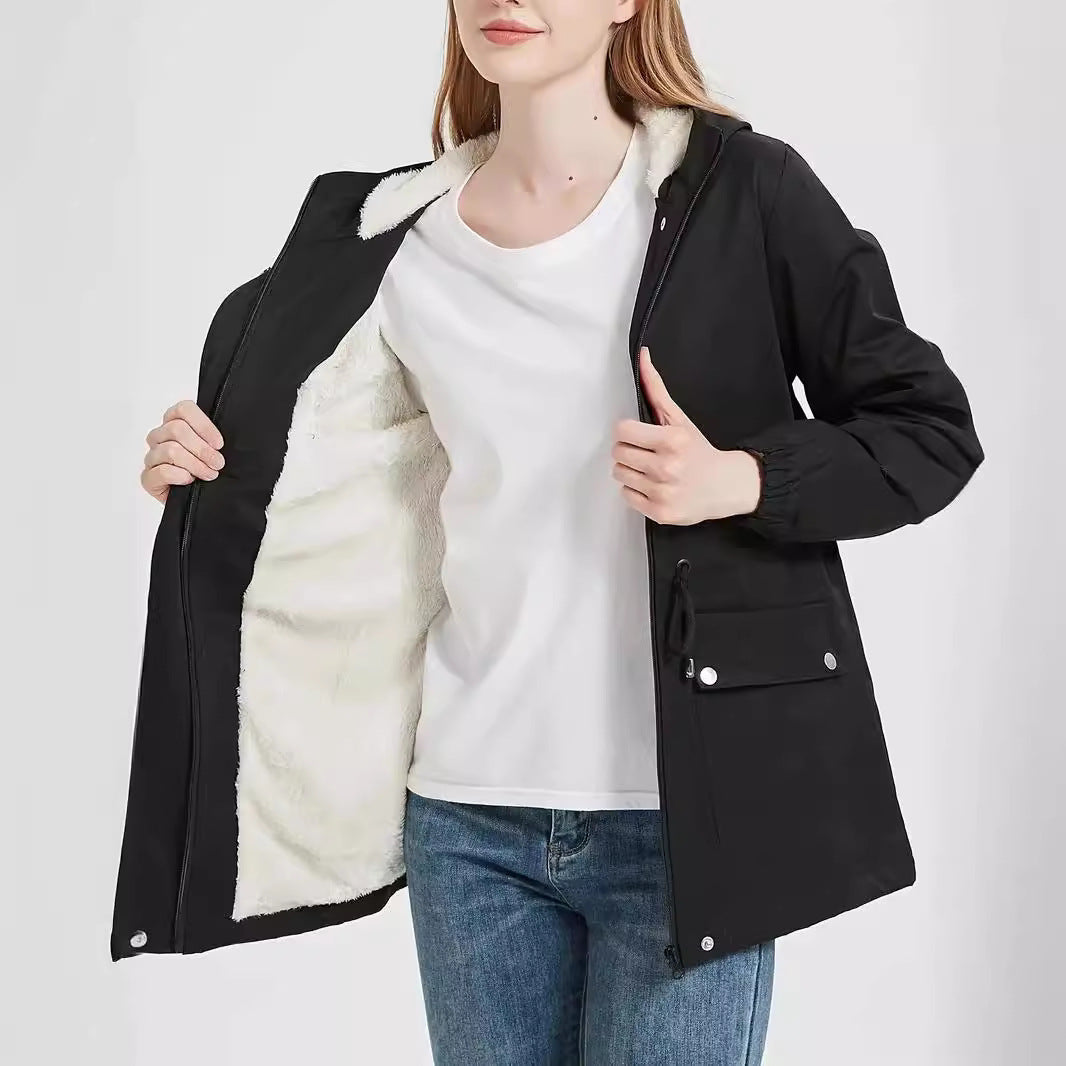 Fleece trench coat women's 2025 new winter Korean version casual loose coat foreign style thickened medium and long cotton coat