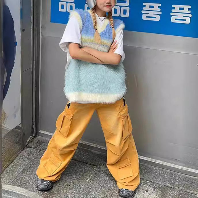 VLOVELAW American hiphop knitted sweater women's spring and autumn contrasting color v-neck vest jacket couple loose sleeveless vest top