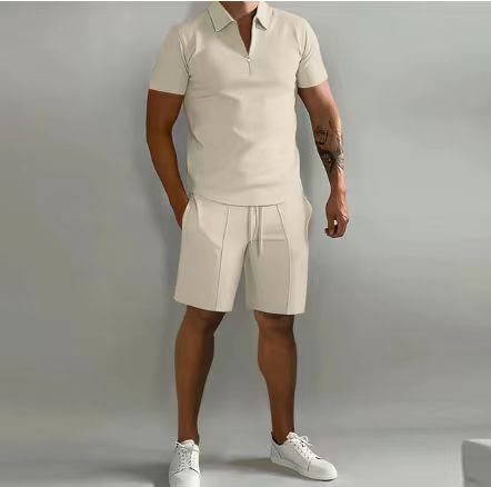 VLOVELAW Spring and Summer Men's Suit Lapel Short Sleeve POLO Shirt Sports Trousers 2-piece Men's Set