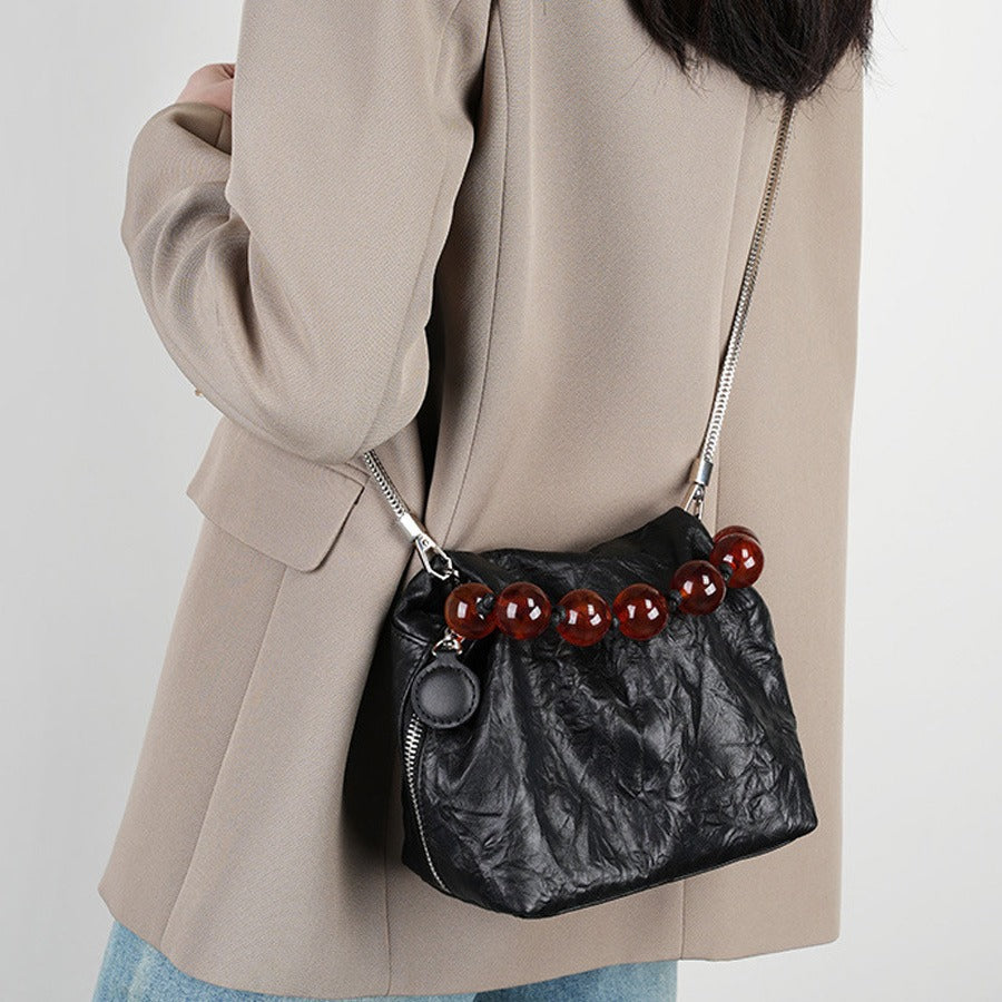 vlovelaw New Chinese Style Beads Hand Holding Dinner Bag Cloud Bag Armpit Dumpling Bag Hand Grip Pattern Top Layer Cowhide Messenger Bag