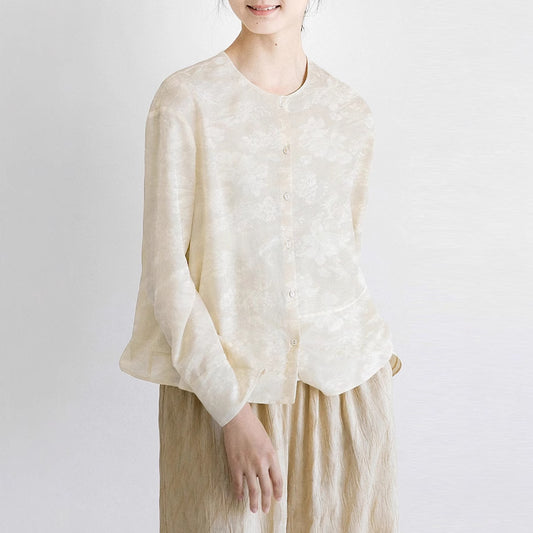 Women's Shirt Spring New Chinese Top Shirt Long Sleeve Chinese Women's Beige Crew Neck Casual Cardigan B0456