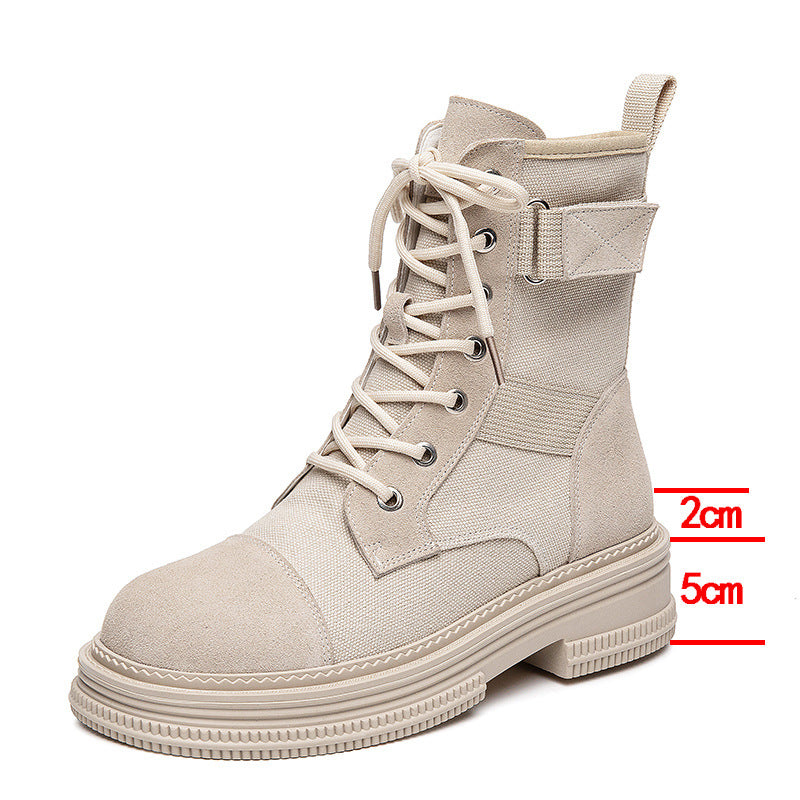 Leather Martin Boots Women's Spring New Height Increasing Insole Canvas Women's Boots Thick Bottom Side Zipper Fleece-lined Short Desert Boots