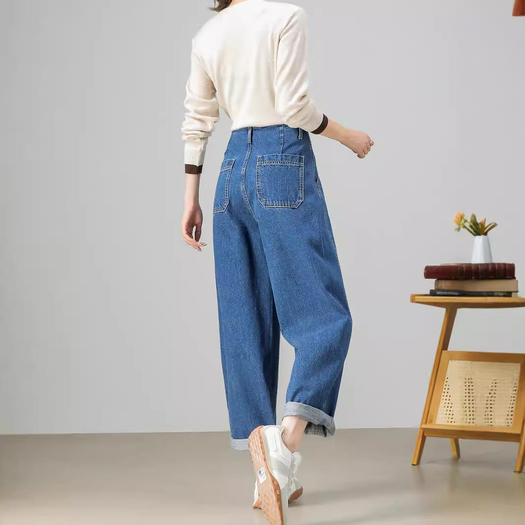 2025 Customized loose and thin wide-leg dad pants for women's spring and autumn new retro versatile high-waisted comfortable jeans