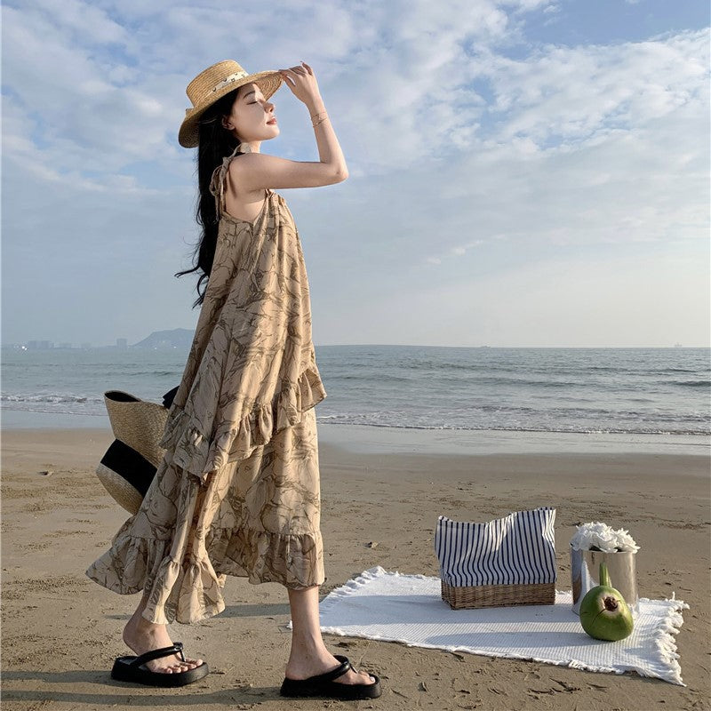 2025 New Chinese aesthetic seaside vacation dress, rock pattern printing strap dress, loose and thin suspender skirt with ruffle edge