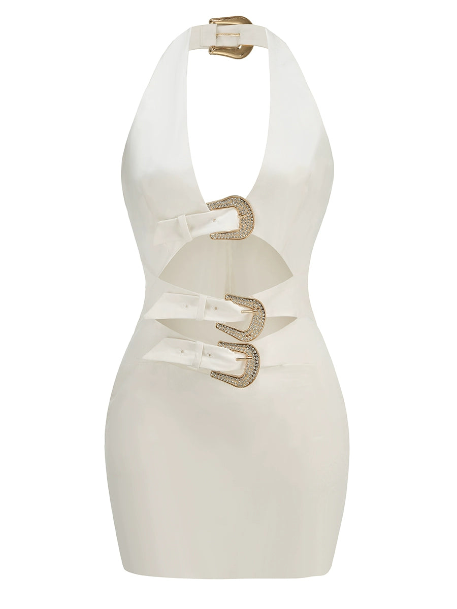 Sexy pure temperament V-neck halter hanging neck, hip wrapping and thin dress niche design unique and beautiful short skirt women