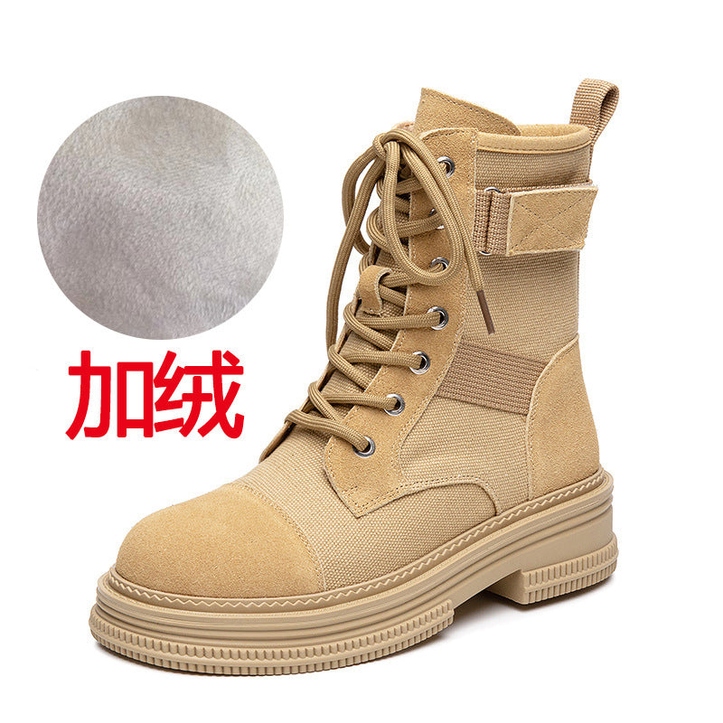 Leather Martin Boots Women's Spring New Height Increasing Insole Canvas Women's Boots Thick Bottom Side Zipper Fleece-lined Short Desert Boots