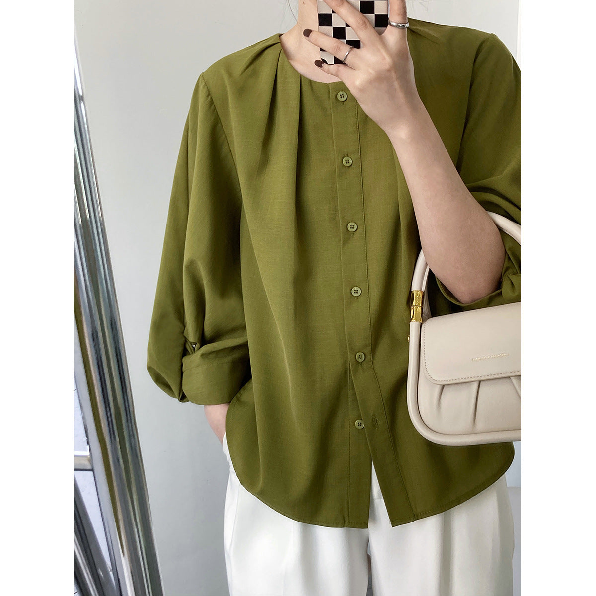 Luxi cotton and linen texture lantern sleeve shirt women's popular spring clothing new design sense seven-quarter sleeve chic top 3389
