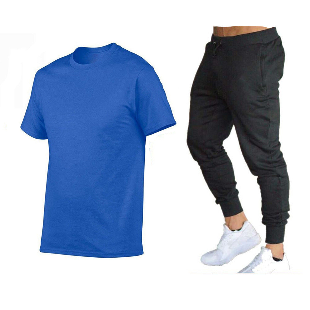 VLOVELAW Summer Men's Solid Color Simple Set Crew Neck Cotton T-Shirt + Trousers Fashion Hundred. Match Two-piece Set