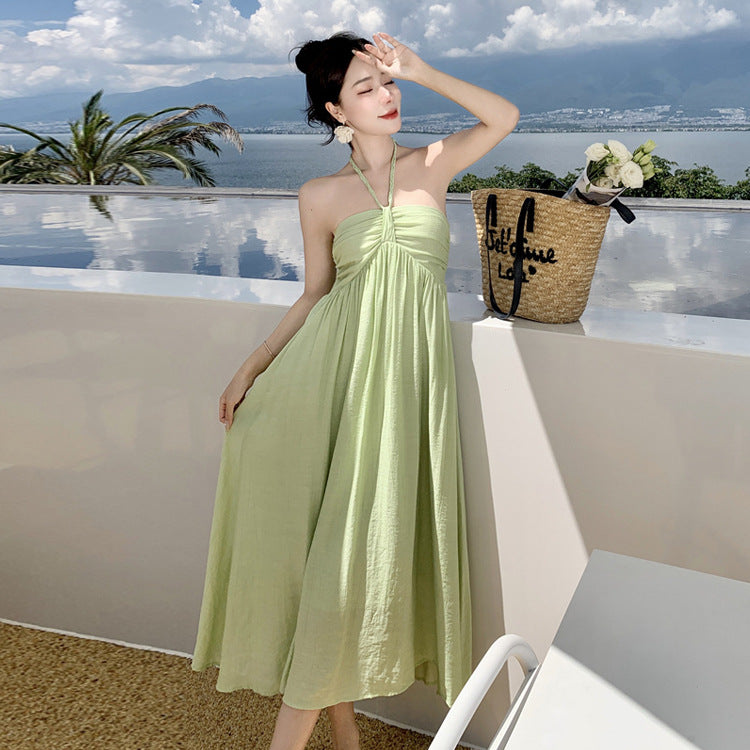 2025 super fairy seaside vacation dress summer green white neck dress women's small sleeveless suspender skirt