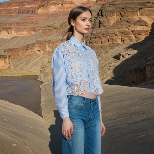 2025 Fashion temperament shirt women's spring  new lapel mesh splicing design sense hollow long-sleeved women's cardigan