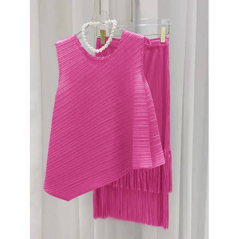 Miyake fashion pleated suit women's summer style Popular style sweet irregular vest top fringed skirt two-piece set