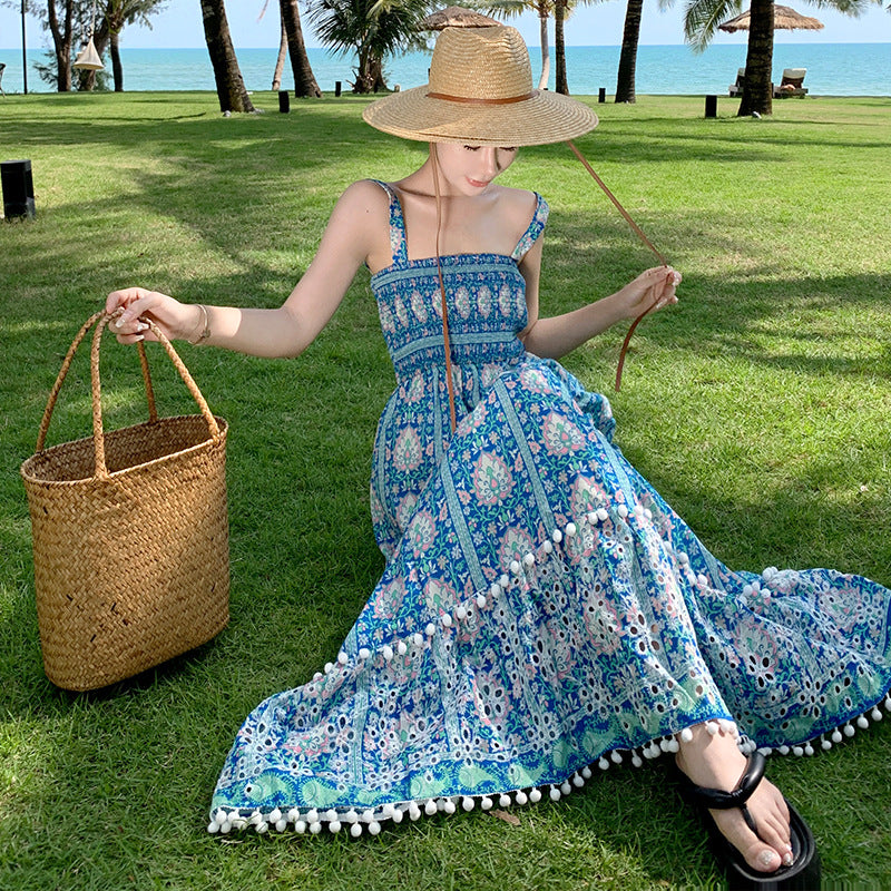 2025 Summer new ethnic style suspender skirt women's high waist hollow embroidery printing dress Sanya seaside vacation dress