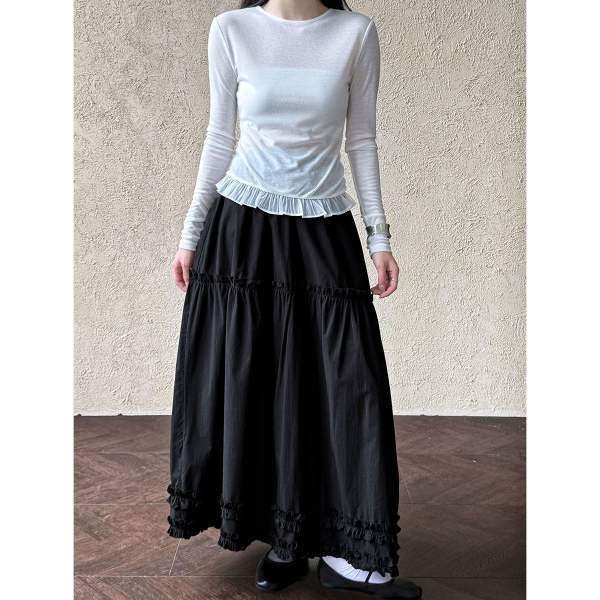 Luxi, splicing fungus edge skirt women's summer new high-waisted long skirt casual umbrella skirt A-shaped cake skirt 5105