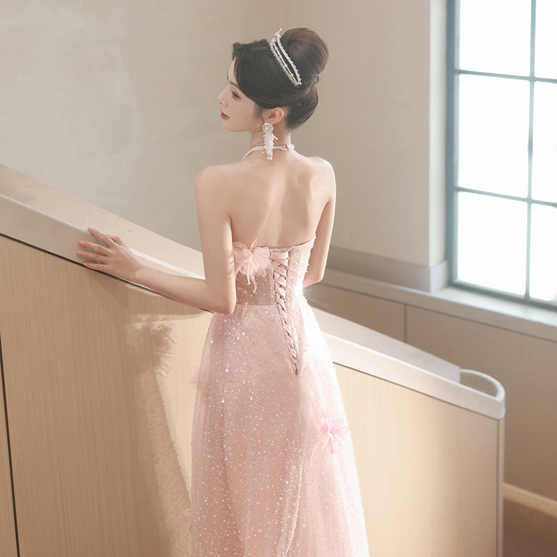 2025 Pink evening dress skirt  spring new neck high sense art test banquet long dress annual meeting party performance clothes