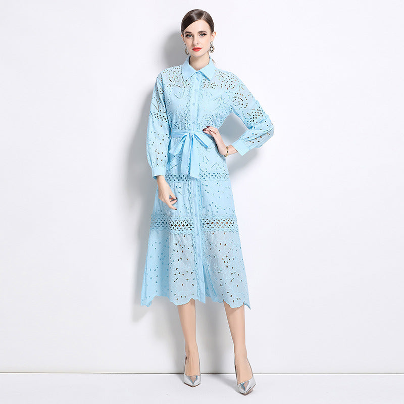 Bohemian vacation dress women's popular new age-reducing bubble sleeves slim-fitting long heavy industry embroidered shirt skirt