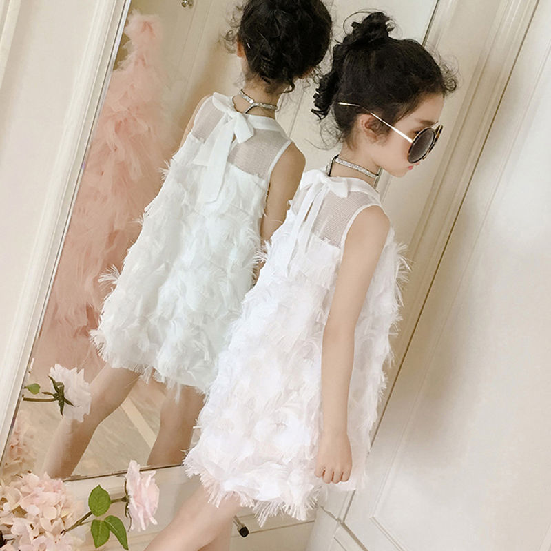Girls' Dress Summer Internet Celebrity Children's Feathered Dress Baby Skirt Trendy Gauze Skirt Medium and Big Children's Chiffon Princess Dress