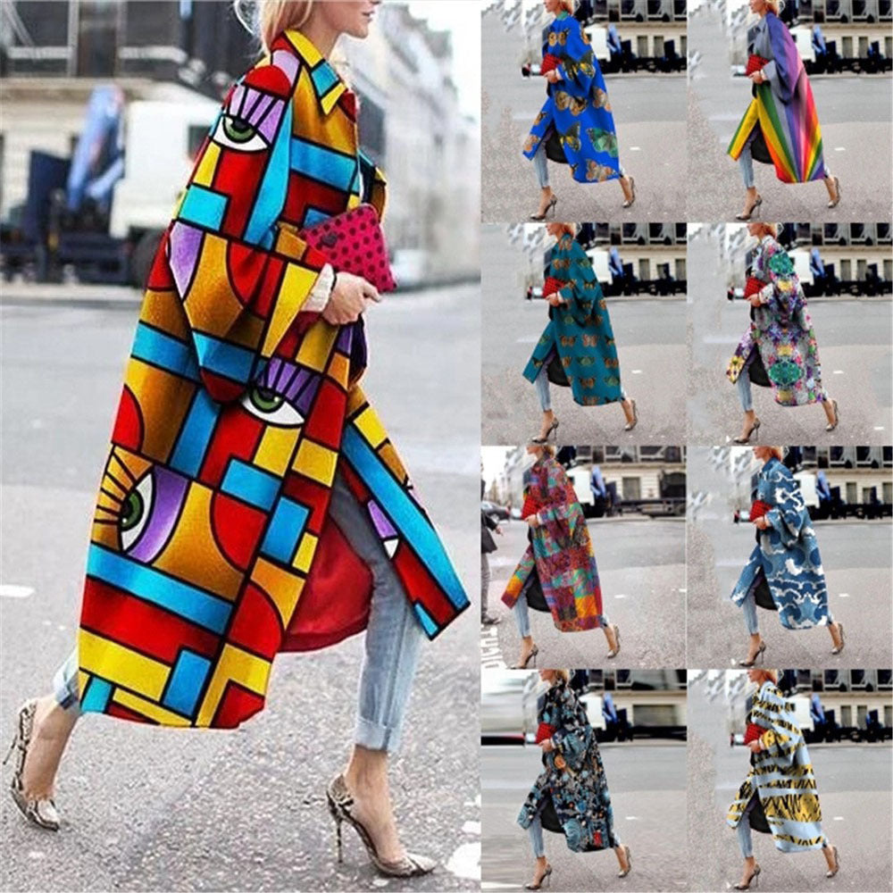 spring and autumn spot wish independent station ebay amazon long horn sleeve jacket printed loose trench coat women