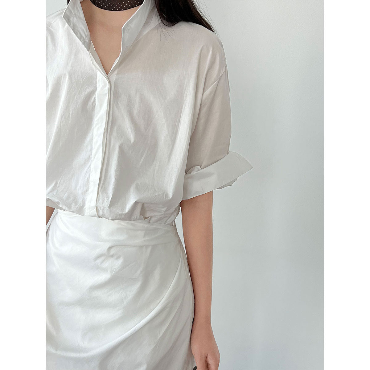 Luxi, Korean version of the design sense lace-up V-neck waist dress women's summer new thin shirt long skirt 9731