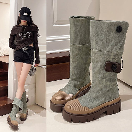 Platform-soled small long knight boots women's shoes popular new brown Maillard denim medium and long boots