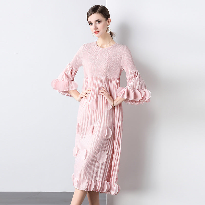 Fungus edge large size loose pleated dress women's new high-end Popular style commuter Miyake dress skirt