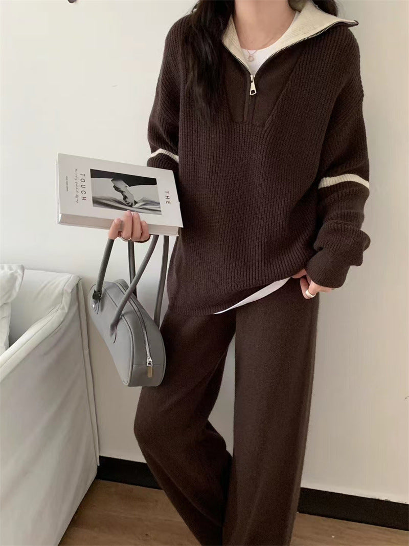 VLOVELAW Autumn and winter casual knitted suit women's New new pullover half zipper contrasting color lapel sweater wide-leg pants two-piece set