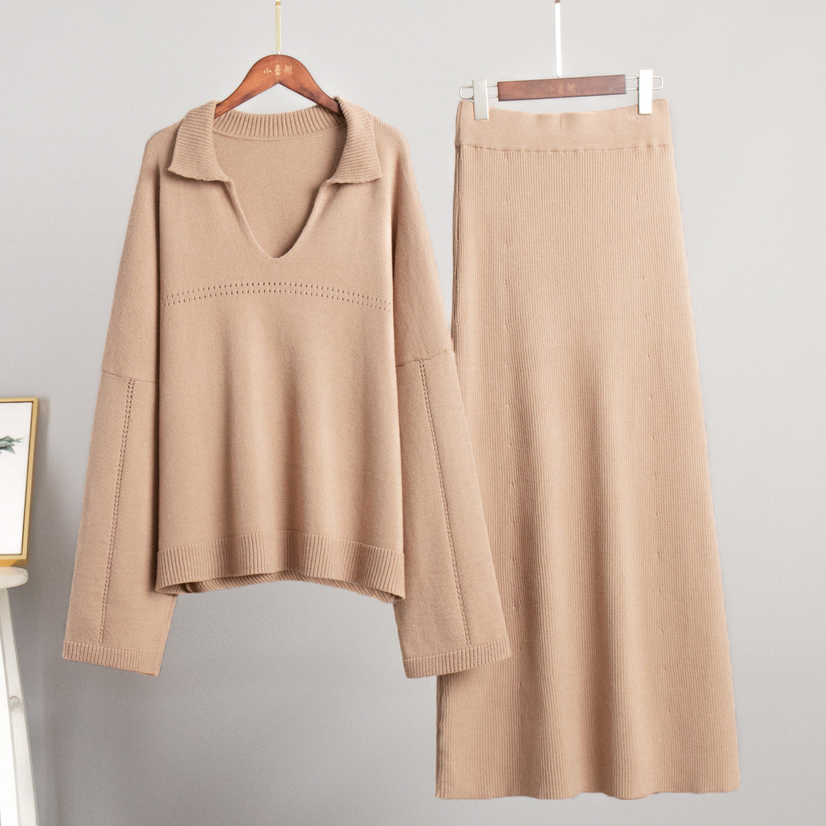 KKBOXLY Cross-border knitted set Europe, America New winter new fashion simple style V-neck knitted sweater skirt set
