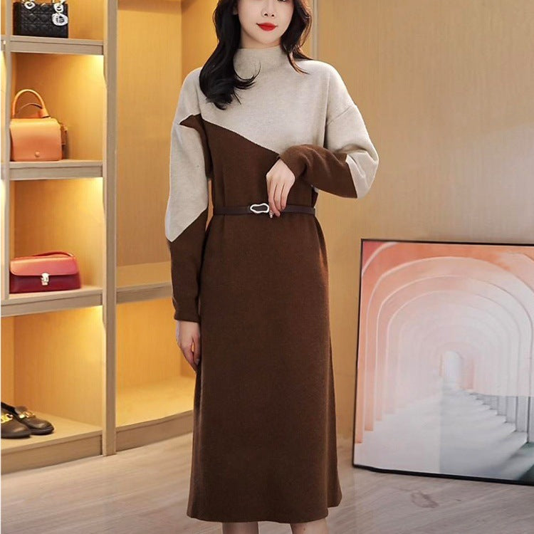 VLOVELAW Autumn and winter new fashion and thin high-end sweater skirt 2025 style color matching semi-turtleneck knitted sweater dress women