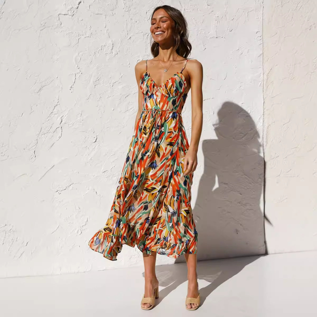 VLOVELAW European and American Summer New Women's Printing Ruffle Sleeveless Dress