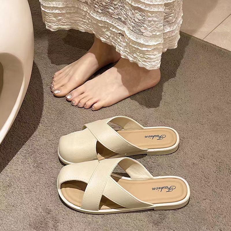 VLOVELAW Hollowed Toe Box Half Slippers Women's Summer Korean Style Flat Soft Bottom round Head Loafer Women's Shoes Outdoor Slippers Women's