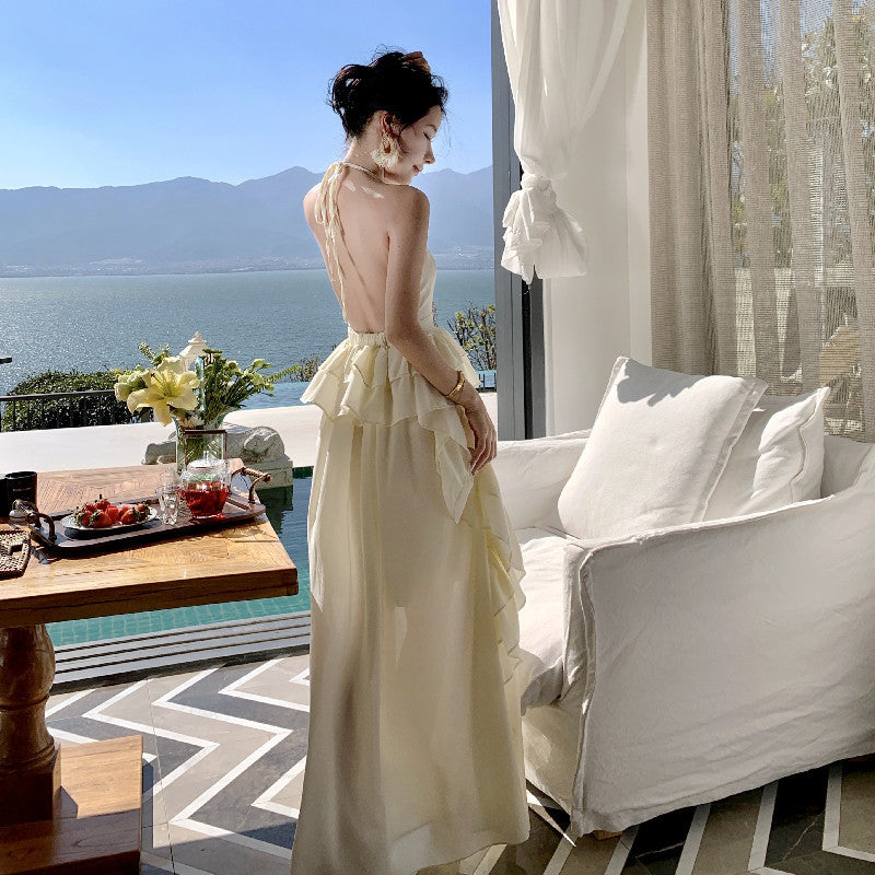 2025 gentle seaside vacation thin suspender skirt high-end ruffle edge niche design long backless dress
