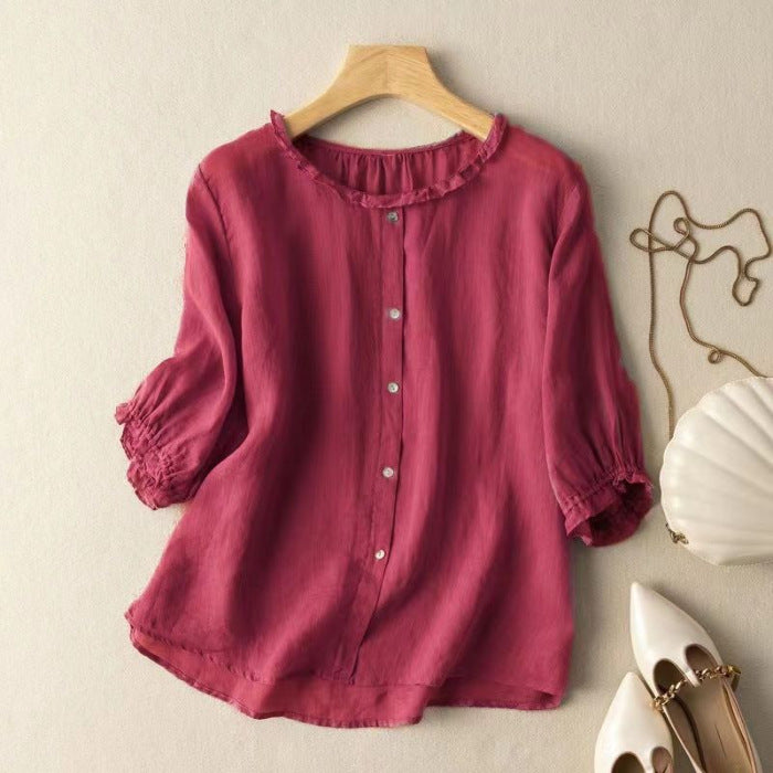 VLOVELAW Three-Quarter Sleeve Western Style Slimming Shirt Summer Mother's Breathable Cotton and Linen Top Wine Red Pullover Shirt Women's