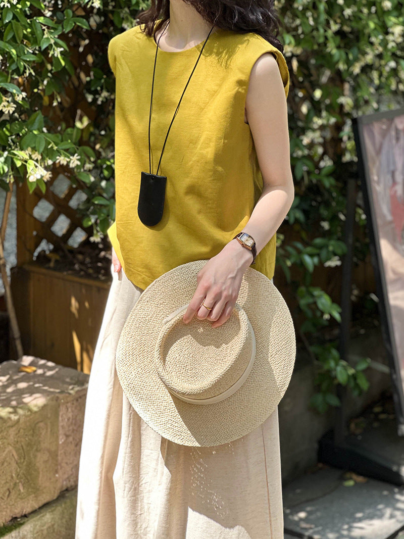 2025 Tachibana spring and summer round neck sleeveless side pleated minimalist linen pullover shirt vest 5572