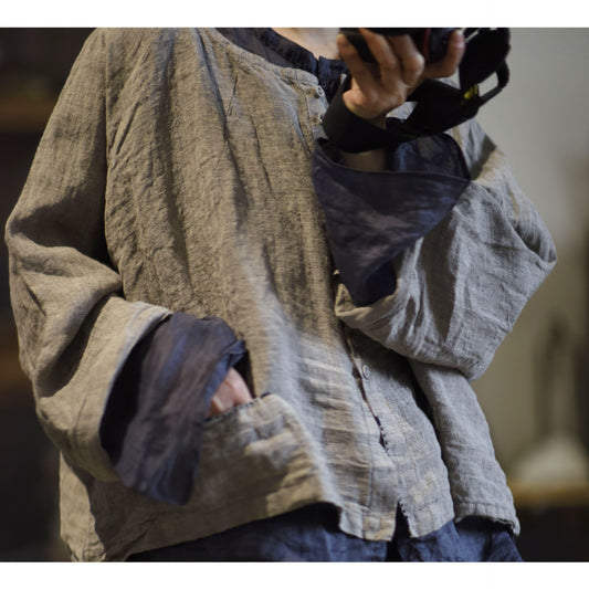 2025  23/2 Ah Sheng, literary and retro yarn-dyed linen cardigan, double-button collarless shirt