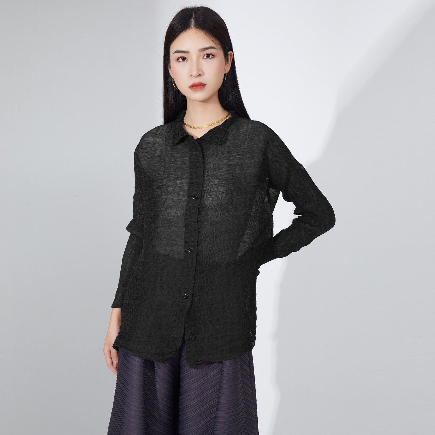 2025 Irregularly Folded Casual Shirt Top Loose Versatile Temperament Shirt Jacket Women's Thin Sunscreen Shirt