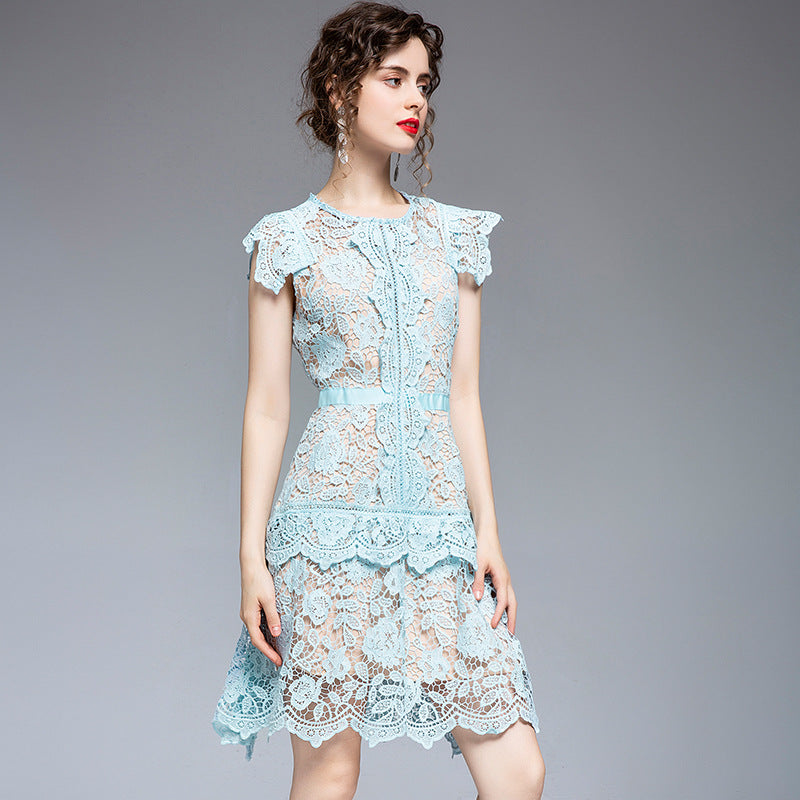 2021 summer new women's clothing heavy industry lace irregular fan skirt flying sleeves scheming slim dress