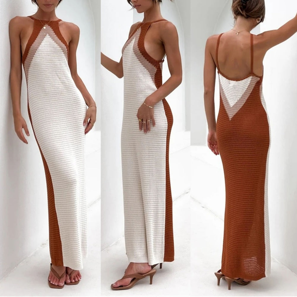 popular  New summer new one-word collar contrasting color suspender knitted long skirt vacation wind woolen skirt women's wholesale