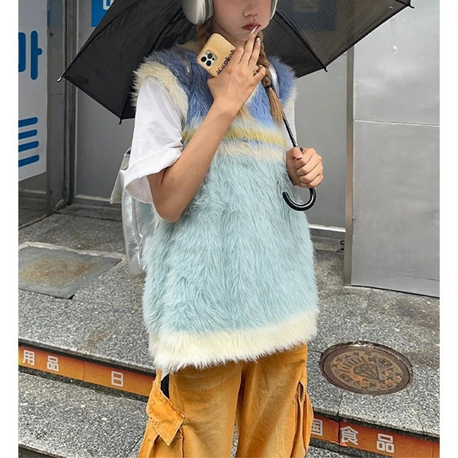 VLOVELAW American hiphop knitted sweater women's spring and autumn contrasting color v-neck vest jacket couple loose sleeveless vest top