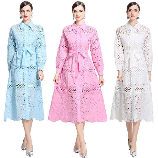 Bohemian vacation dress women's popular new age-reducing bubble sleeves slim-fitting long heavy industry embroidered shirt skirt