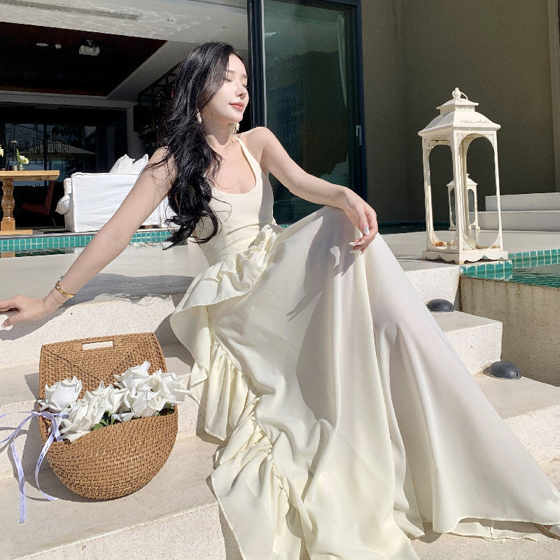2025 gentle seaside vacation thin suspender skirt high-end ruffle edge niche design long backless dress