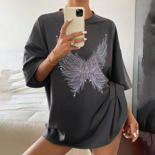 Popular,   new temperament butterfly flash diamond gray T-shirt women's round neck loose spice girl trend top printing New