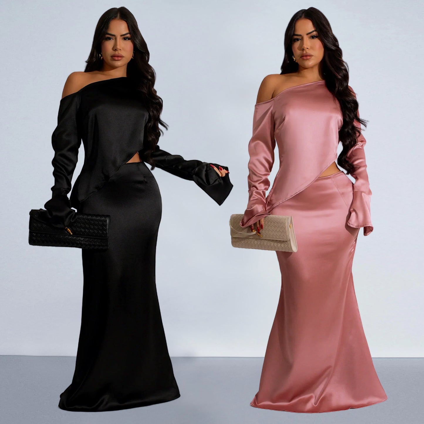 2025 C7120 Popular and Fashion Women's Clothing Solid Color Slant Shoulder Long Sleeve Fishtail Skirt Set New