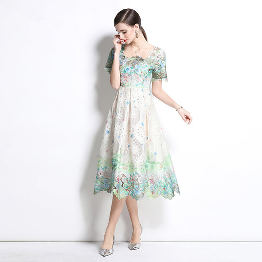 Medium and long hollow water-soluble lace dress women's short-sleeved spring and summer  new slim-fit temperament high-end skirt